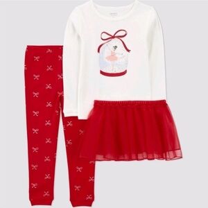 3T Carter's Girls 3pc Ballerina Red White Tutu Shirt Pants Xmas Pajama Set New